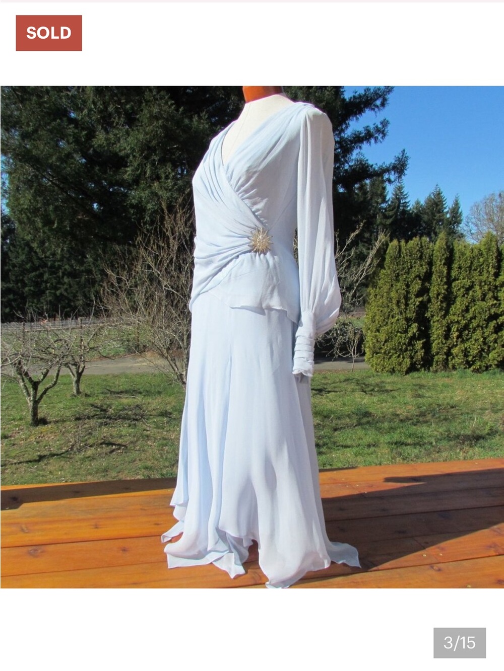 SILK TADASHI DRESS, 12, BLUE-GRAY 2-PIECE SHEER SLEEVE HANDKERCHIEF HEM, DRAPING